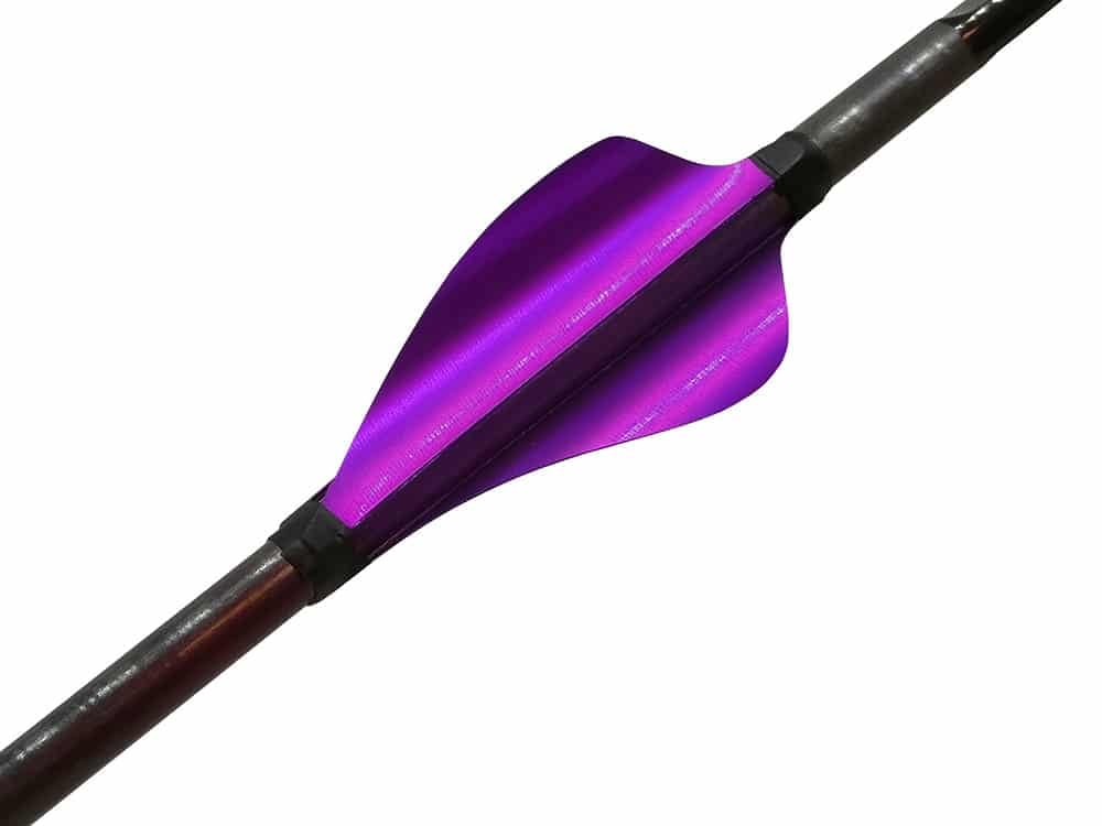 Close-up of purple arrow fletching on a carbon shaft
