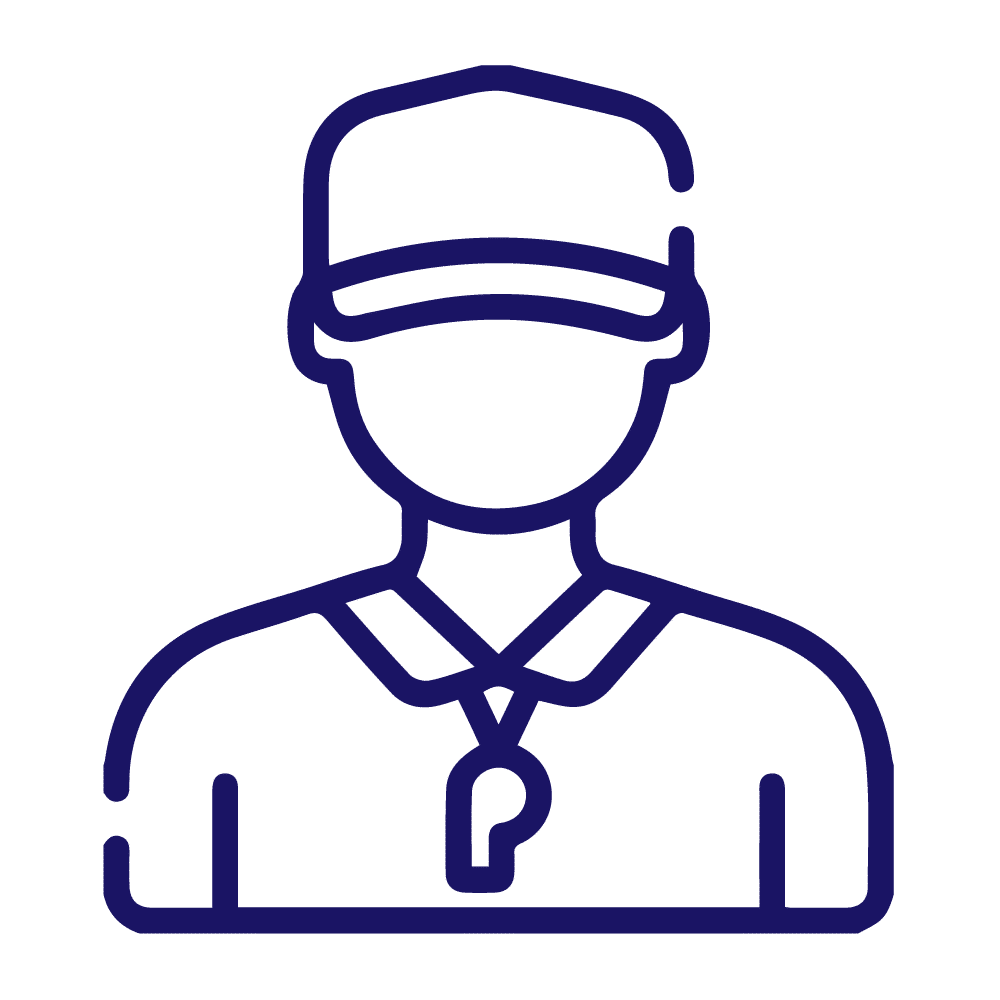 Dark blue line art icon of a referee or coach with a whistle