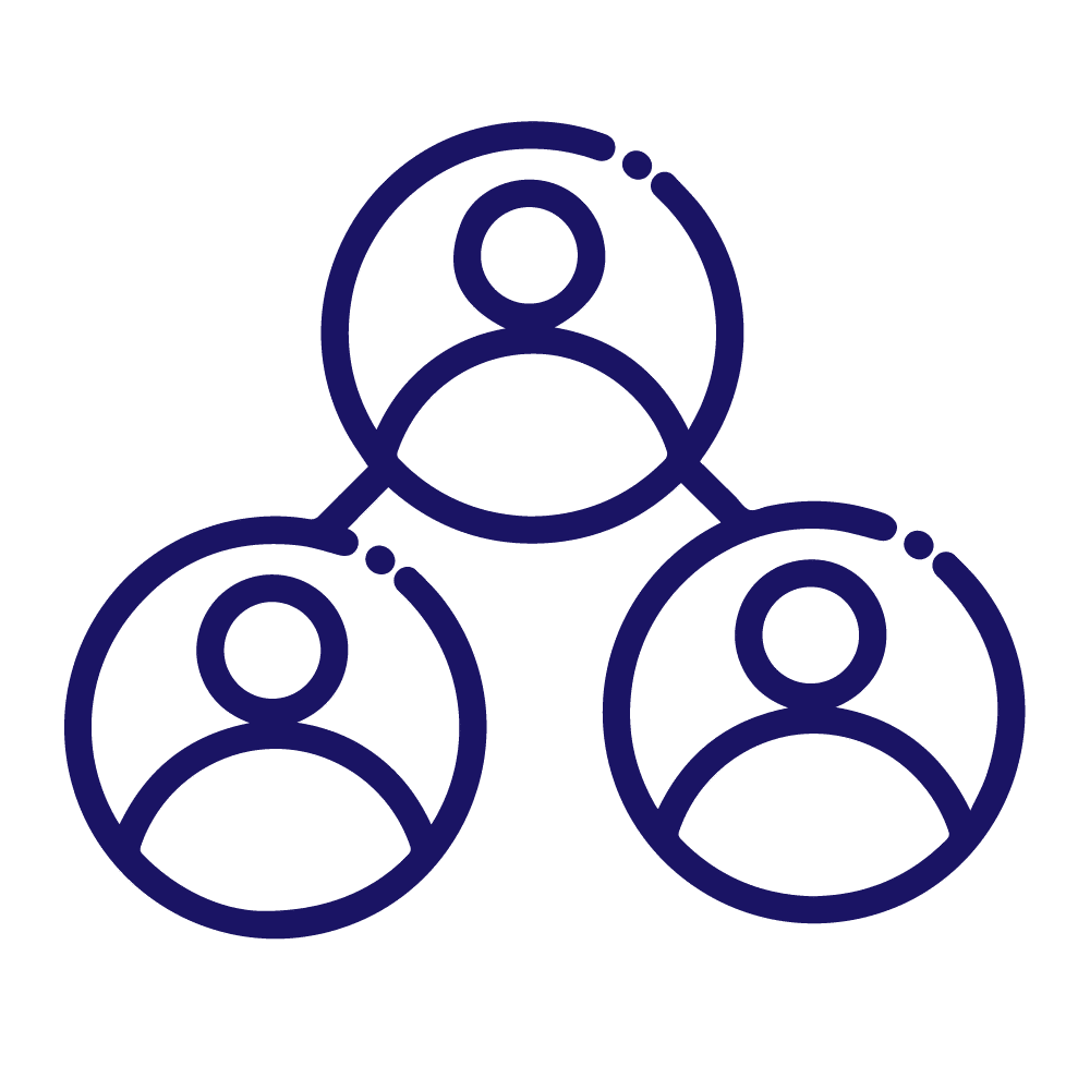 Purple line art icon showing three people connected in a network or team structure