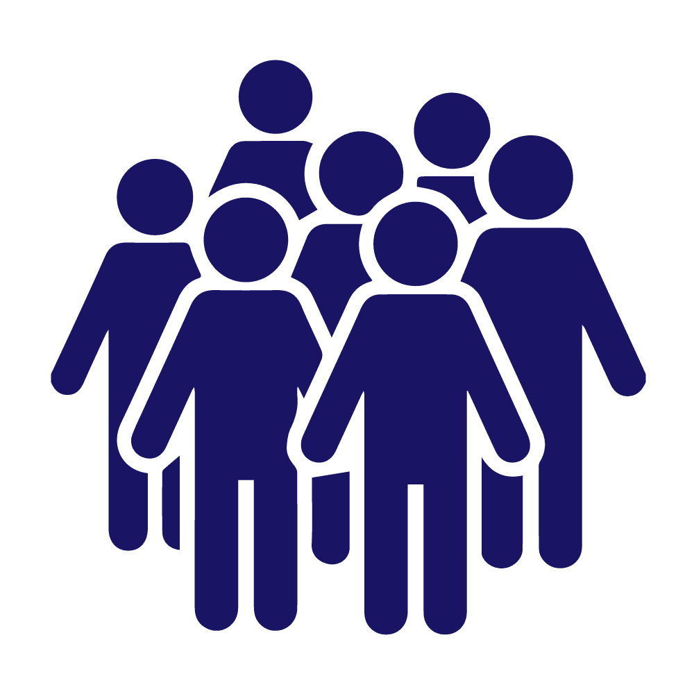 Purple line art icon of a group of people representing a team or community
