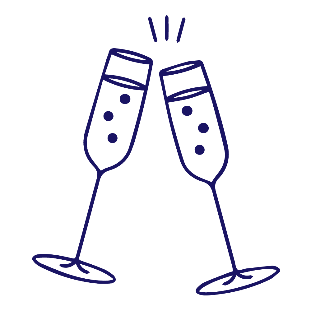 Blue icon of two clinking champagne glasses