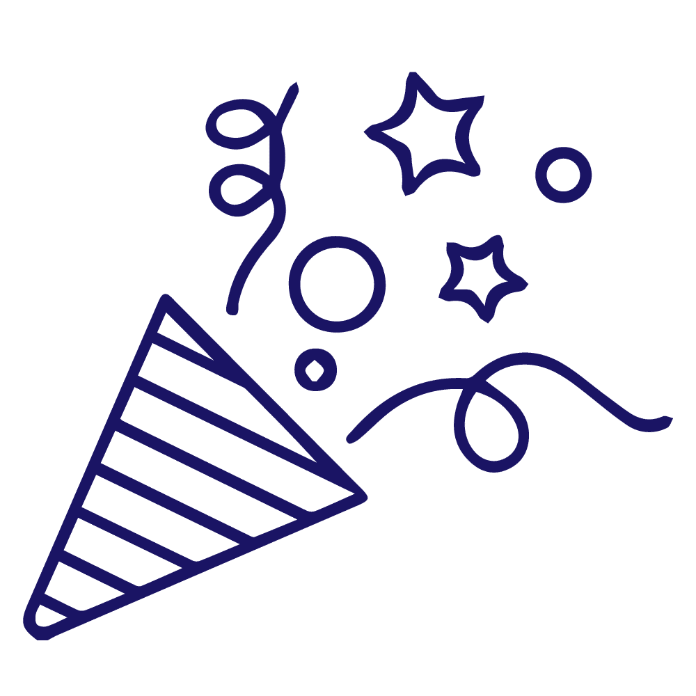 Blue line-art icon of a party popper