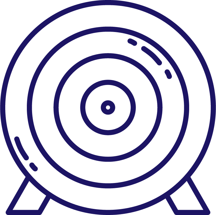 Large purple line art icon of an archery target with concentric rings